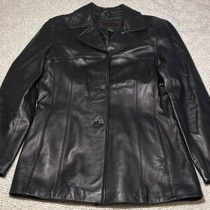 Siena Studio Black Leather Jacket Blazer Button Front with Pockets